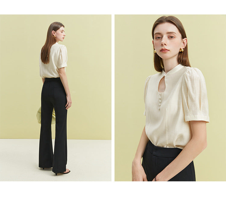 Elegant Ripple Collar Sheer Short Sleeve Blouse