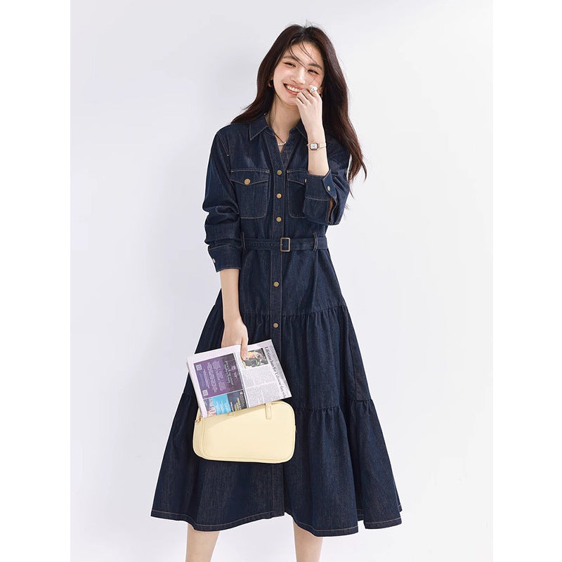High-Waisted Tiered Midi Denim Dress – Button-Up Shirt Style with Layered Skirt