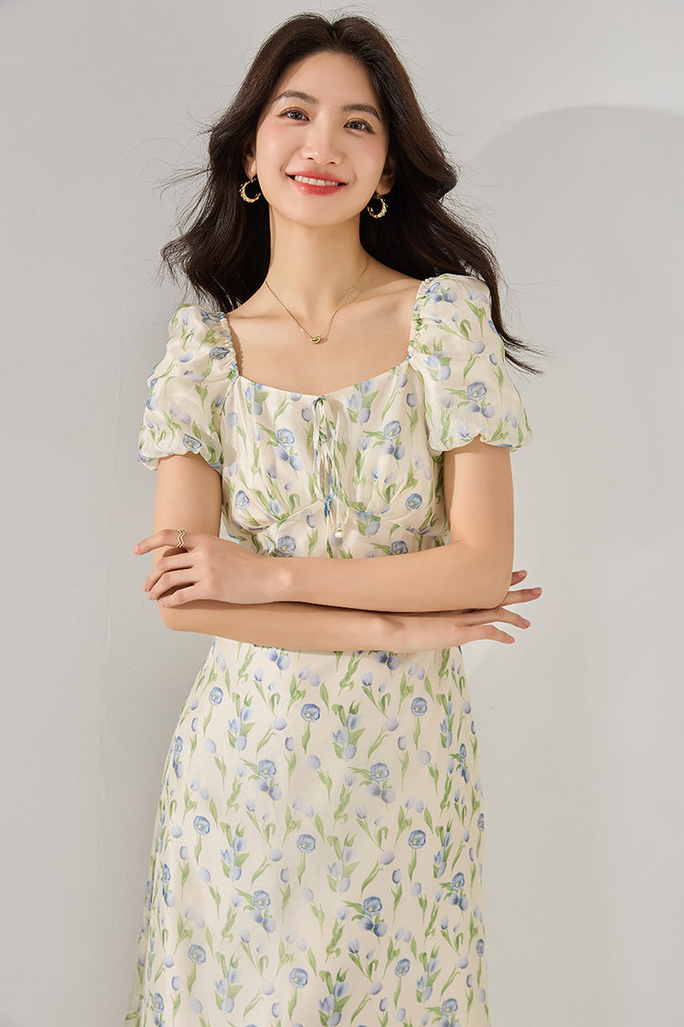 Fitted Waist Polka Dot Puff Sleeve Summer Dress