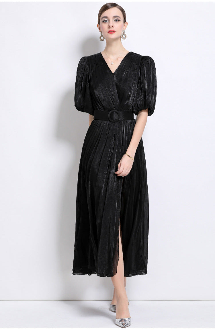 Shimmering Ruched Maxi Dress with Puff Sleeves
