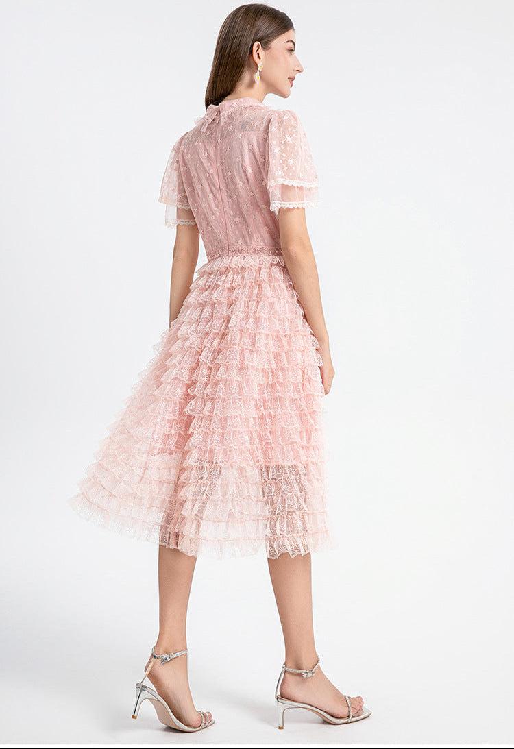 Blush Ruffle Lace Dress with Peter Pan Collar & Puff Sleeves