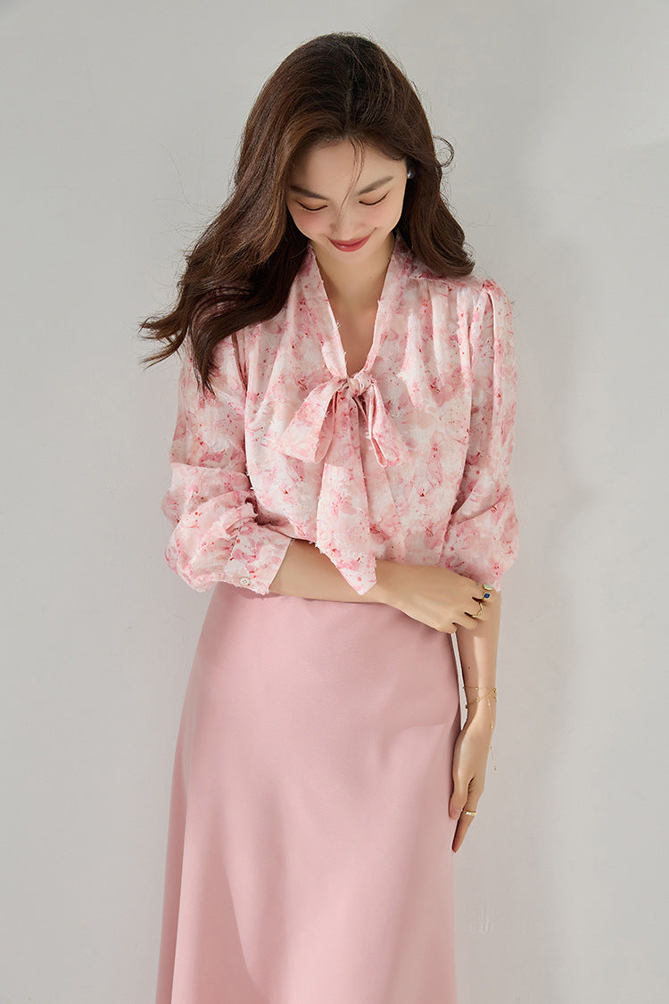 Pink Floral Chiffon Blouse with Bow