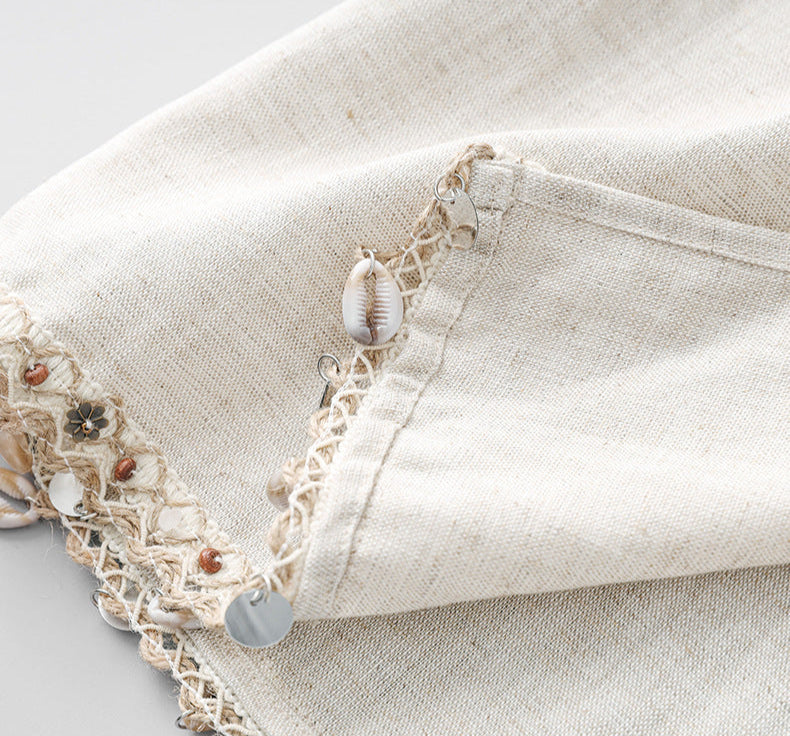 Boho Linen-Tencel Dress with Shell Detail and Removable Buckle Necklace