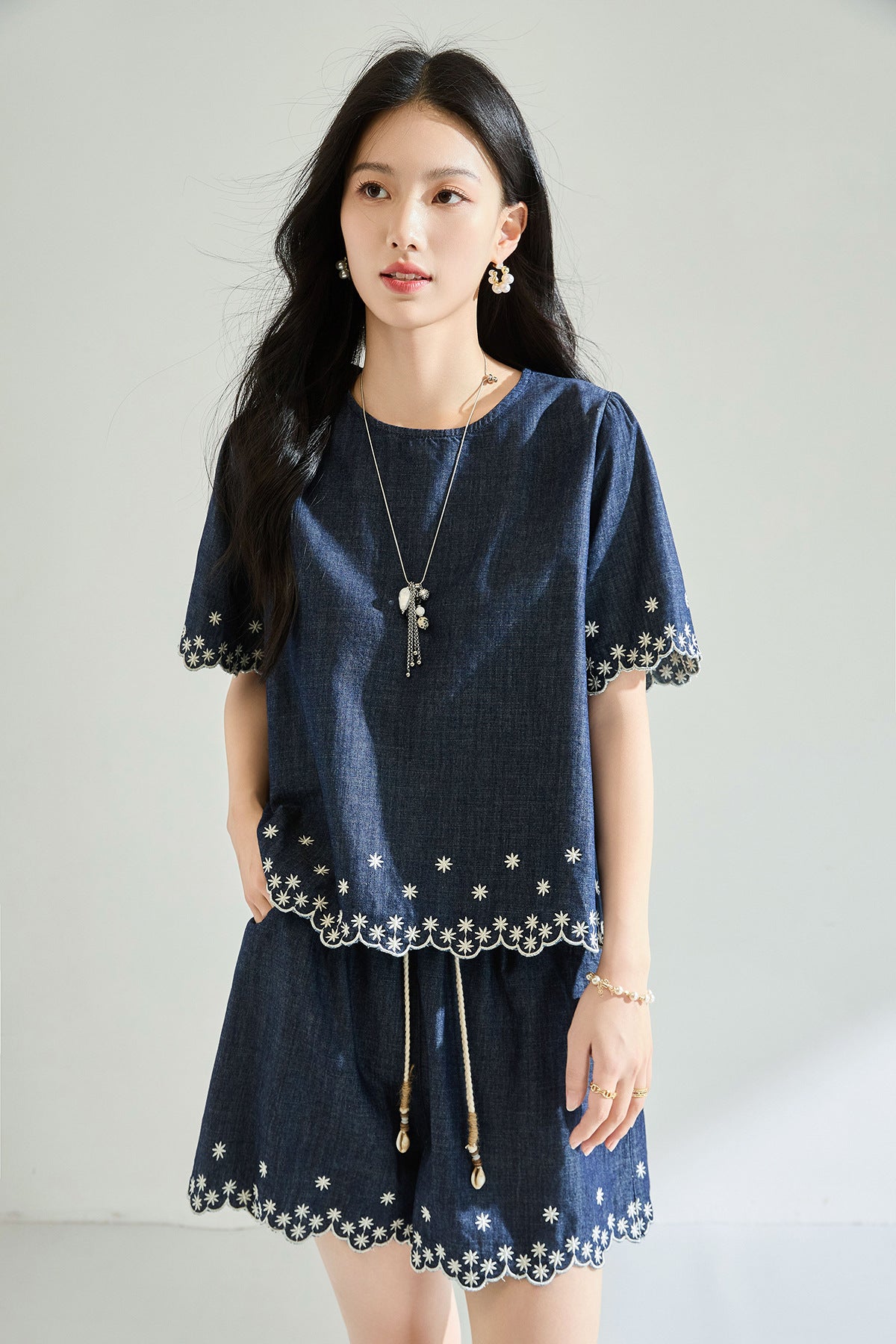 Embroidered Denim Two-Piece Set with High-Waisted Shorts