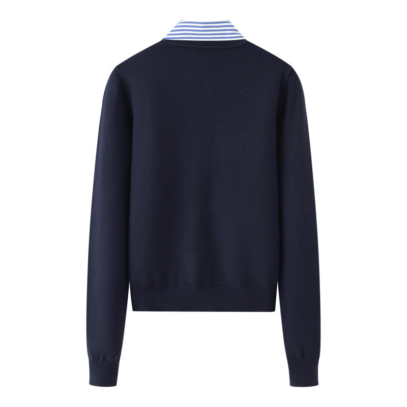 Fake Two-Piece Women's Sweater – Striped Polo Collar Design