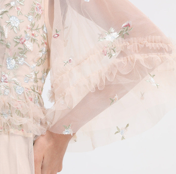 Ruffled Long Dress with Sheer Tulle Hem