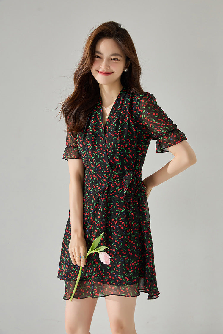 Fruit Print V-Neck Midi Dress