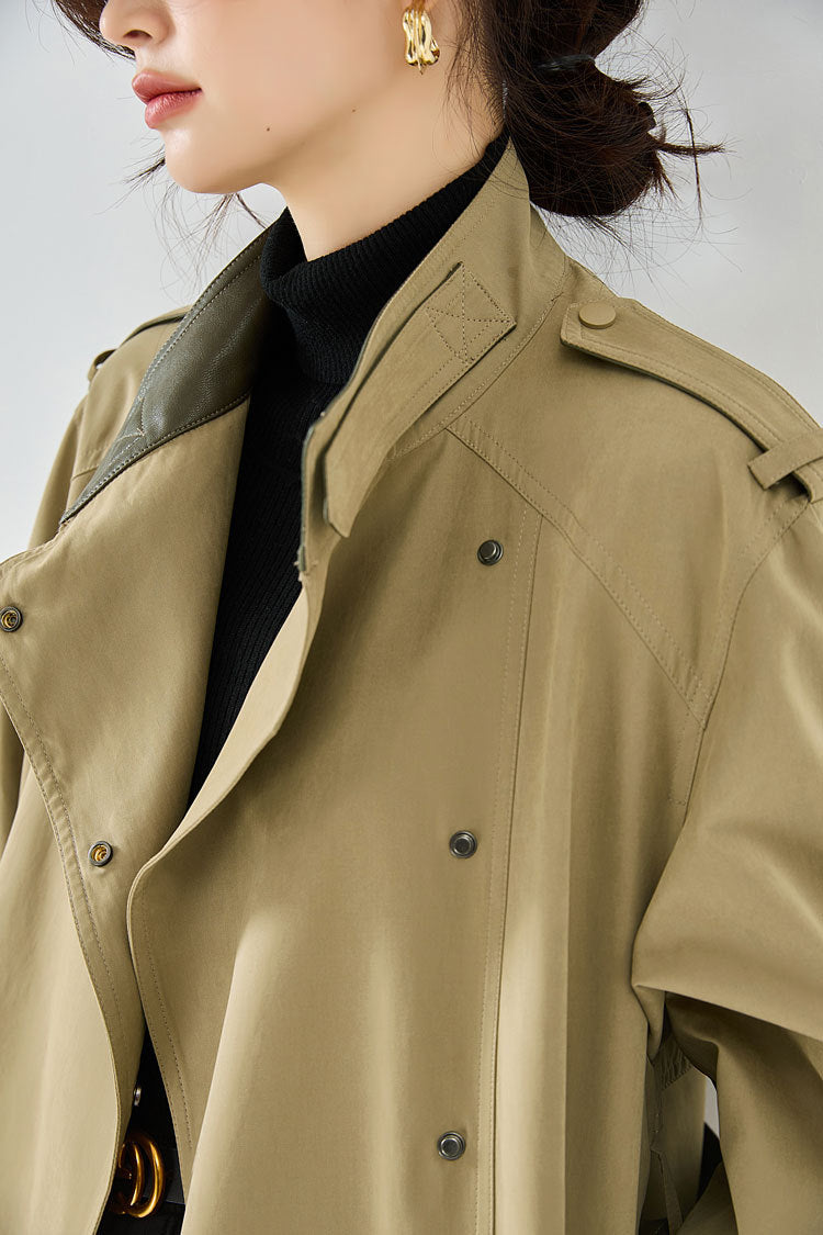 Velvet-Textured Stand Collar Mid-Length Trench Coat