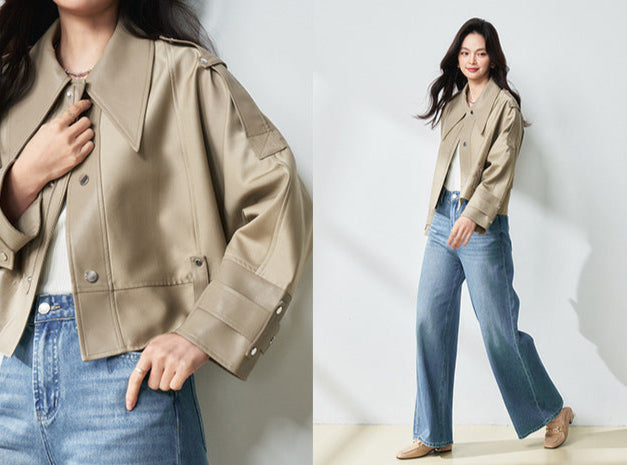 Western Style Oversized Cropped Faux Leather Jacket