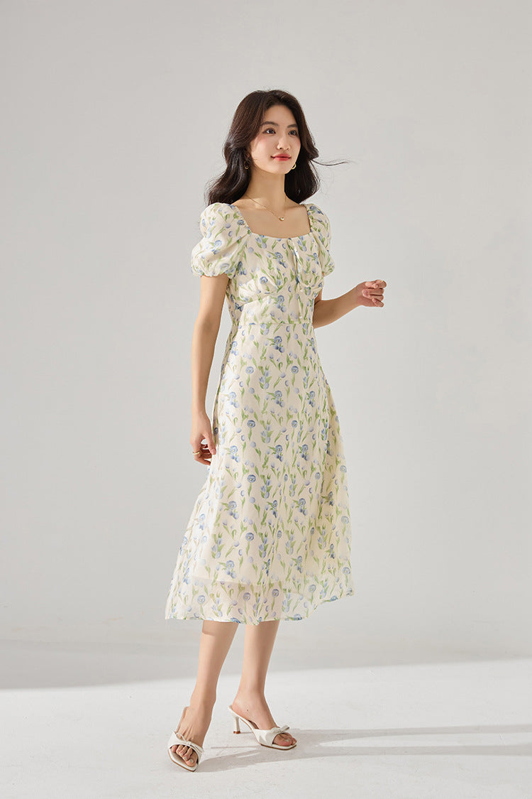 Fitted Waist Polka Dot Puff Sleeve Summer Dress