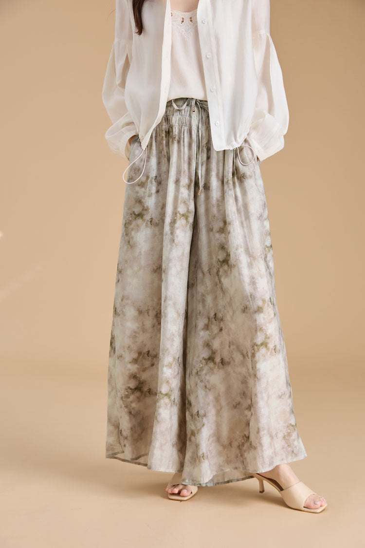 Elegant Ink Print Wide-Leg Tencel Pants