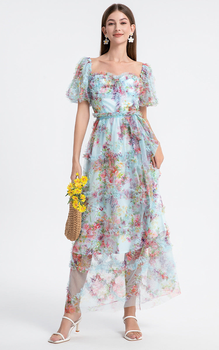 Square Neck Ruffle Sleeve Tulle Fairy Dress