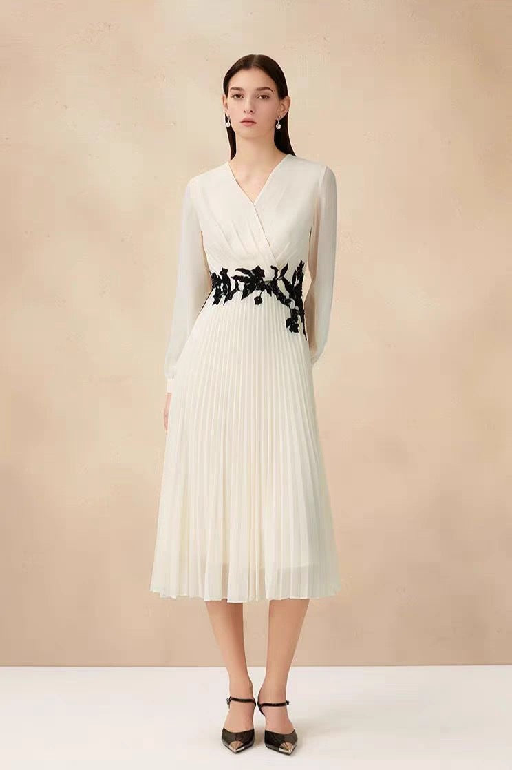 Embroidered Pleated Chiffon Maxi Dress