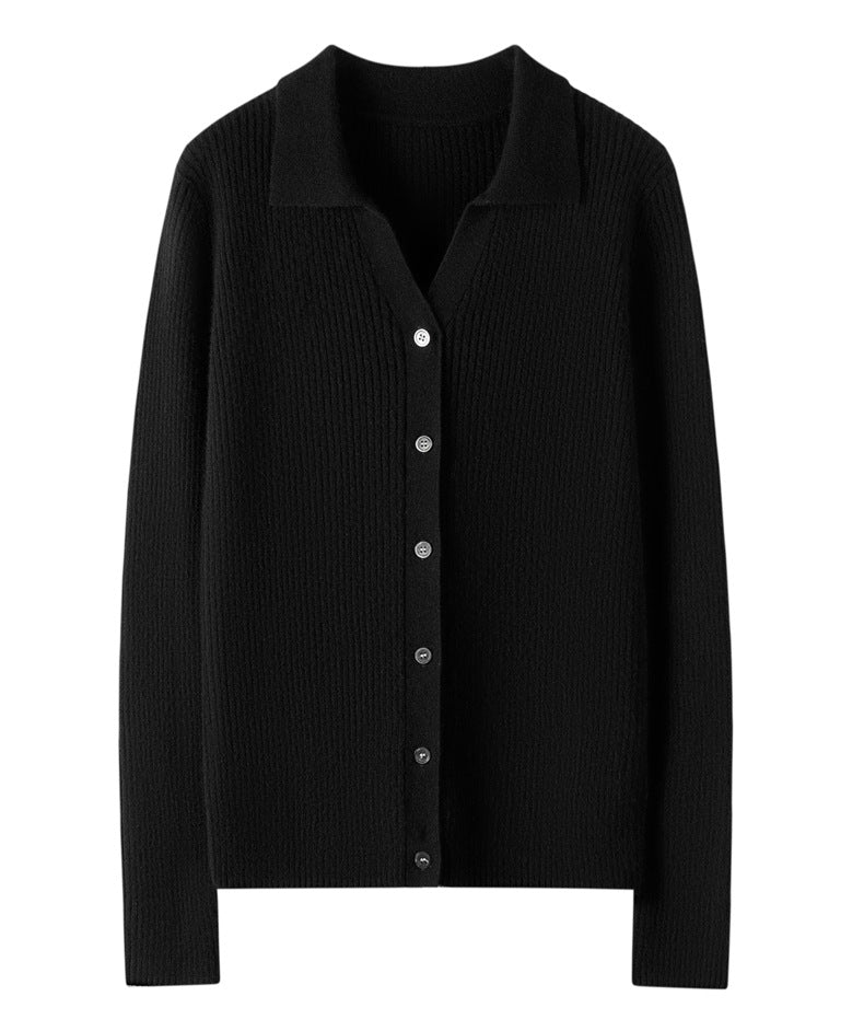 100% Pure Cashmere Polo Collar Cardigan – Long Sleeve, Classic Fit, Ultra-Soft