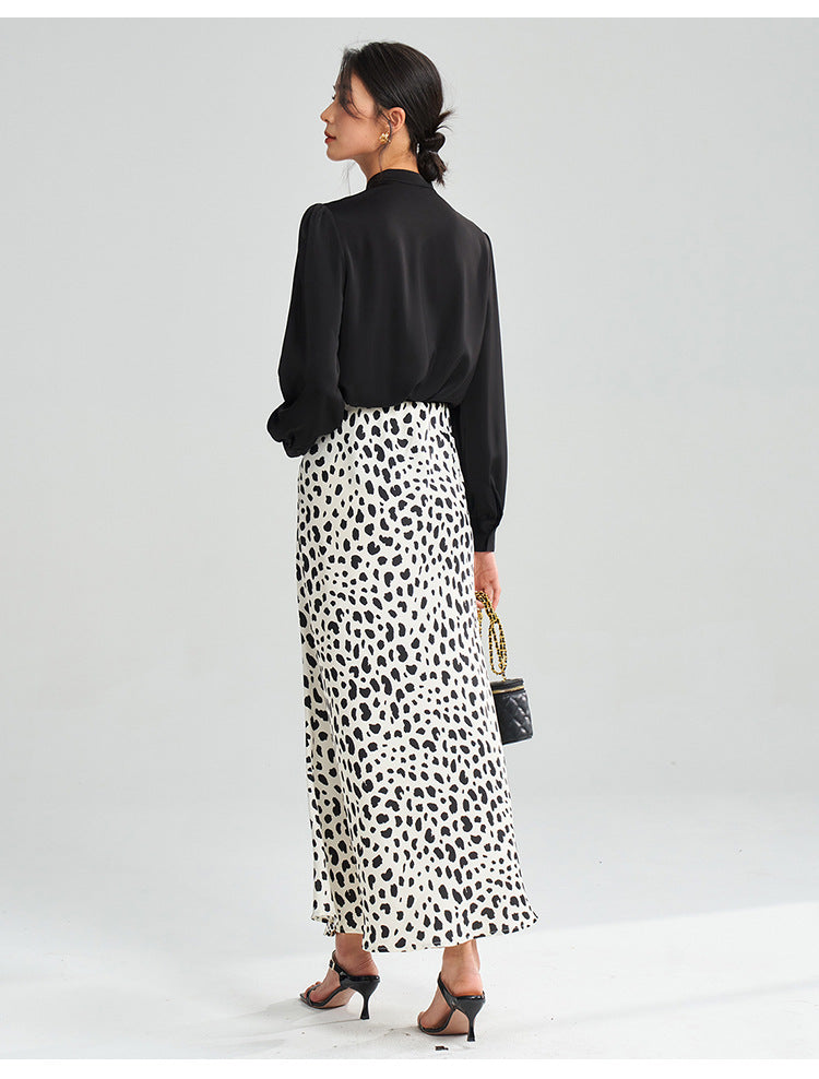Satin Leopard Flare Skirt – Black & White Shine