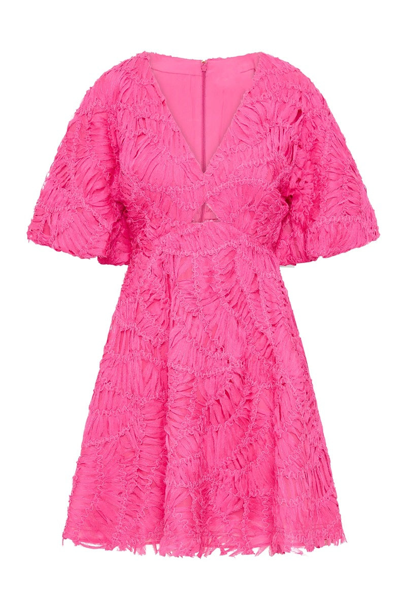 Textured Short Puff Sleeve A-Line Dress