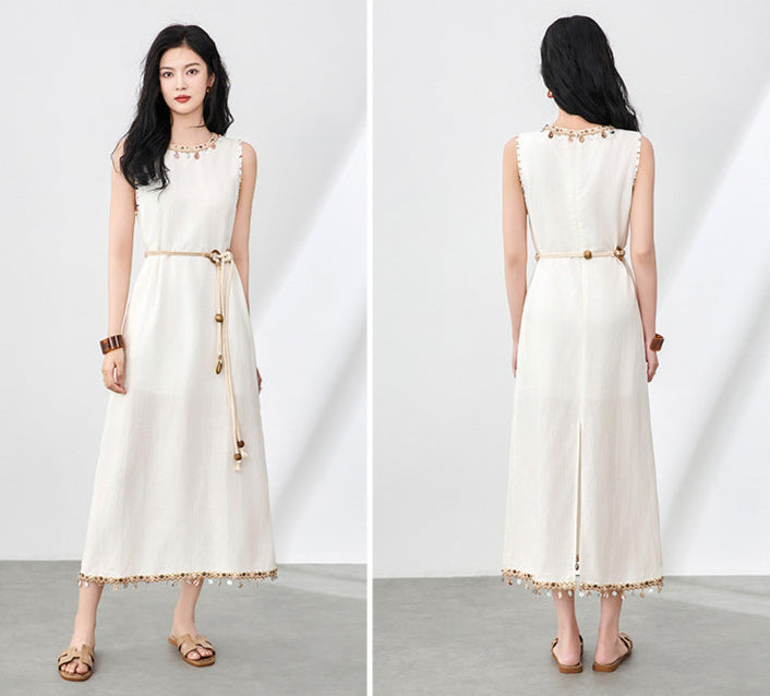 Boho Linen-Tencel Dress with Shell Detail and Removable Buckle Necklace