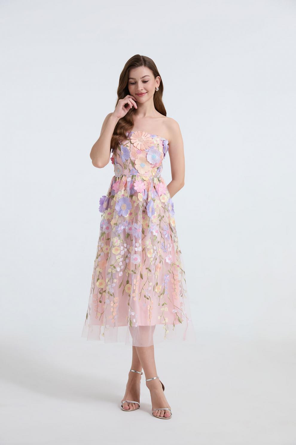 Strapless 3D Floral Embroidered Long Dress