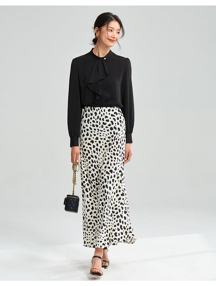 Satin Leopard Flare Skirt – Black & White Shine