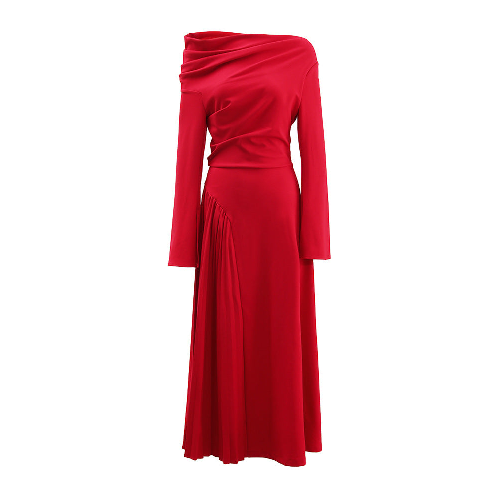 One-Shoulder Asymmetric Hem Red Maxi Dress