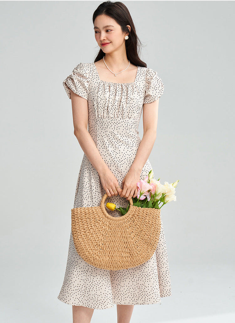 Apricot Polka Dot Puff Sleeve Midi Dress