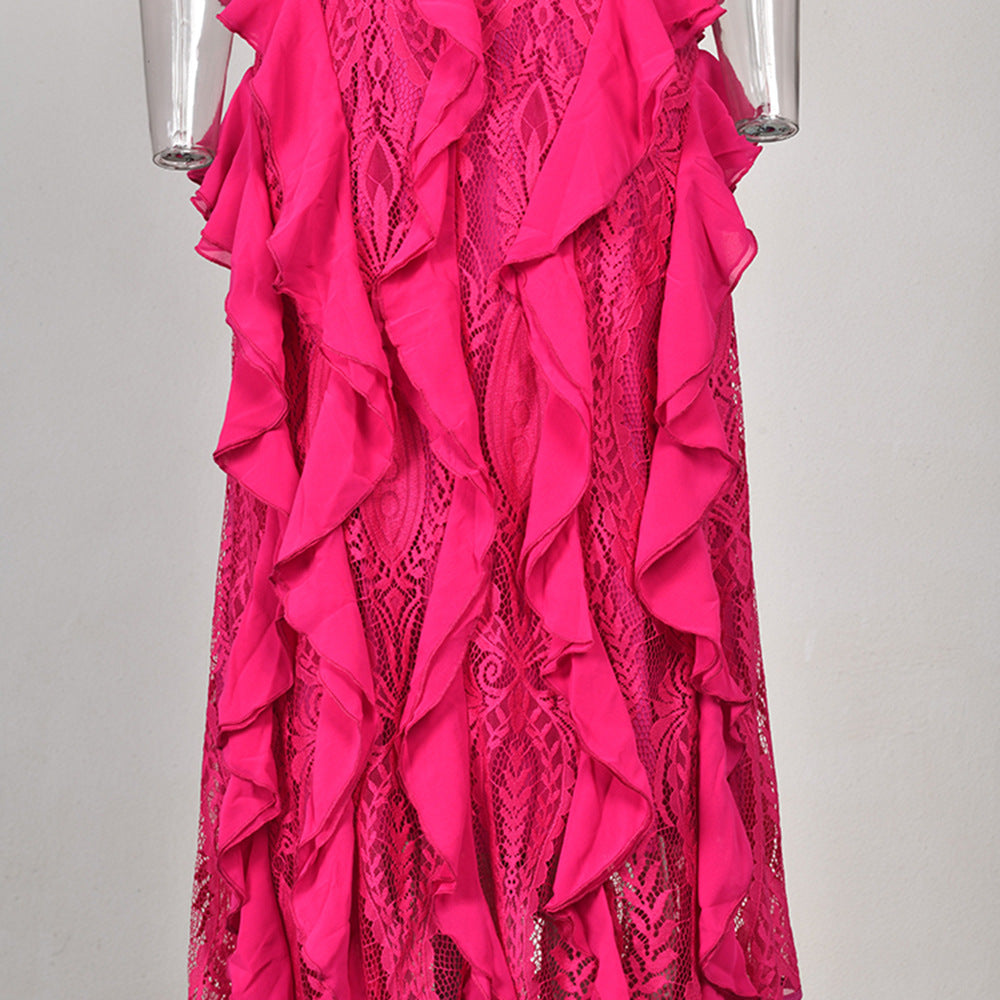 Frilled Short Sleeve Lace-Trim Lotus Dress