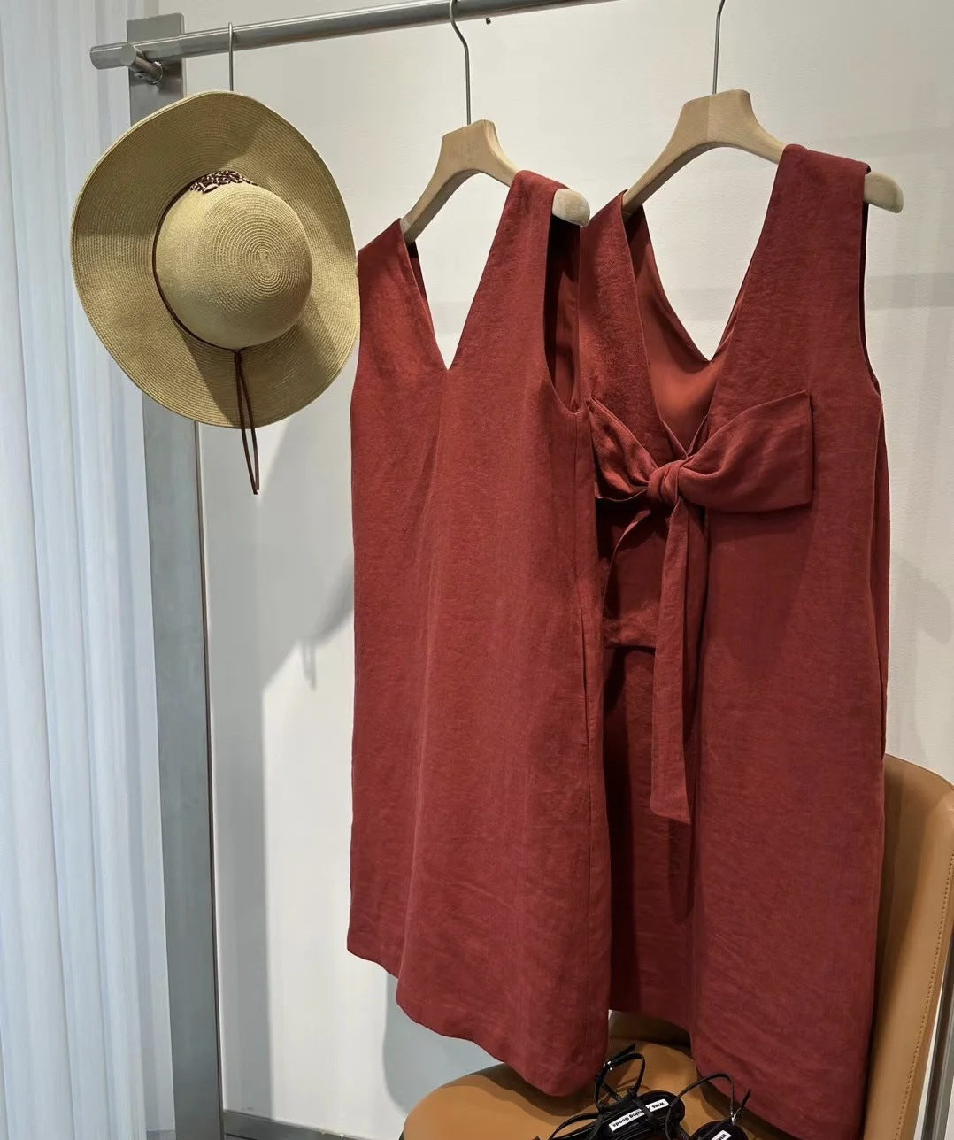 Linen Bow-Back Sleeveless Summer Dress