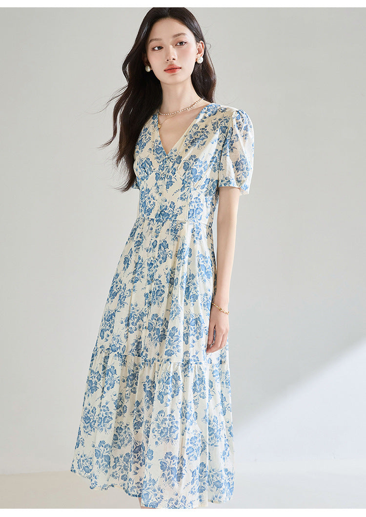 French Blue Floral Cotton Dress – Tie Waist, V-Neck