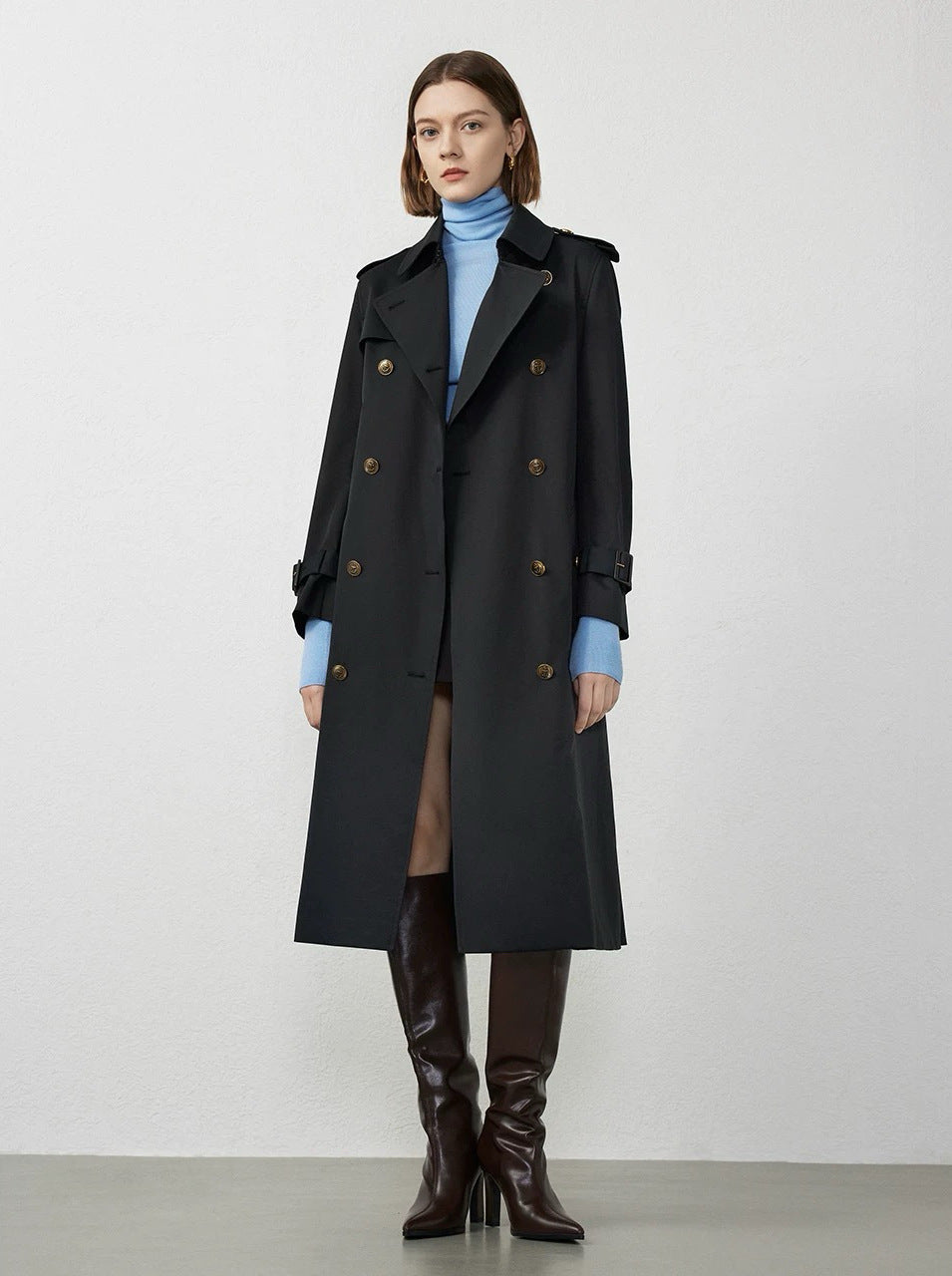Black Straight-Cut Mid-Length Trench Coat