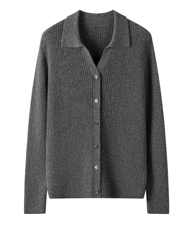 100% Pure Cashmere Polo Collar Cardigan – Long Sleeve, Classic Fit, Ultra-Soft