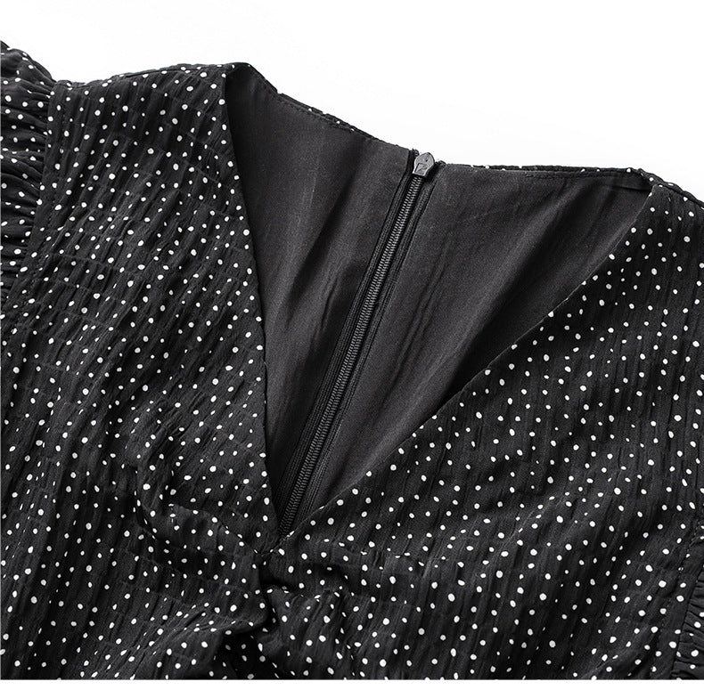 Romantic Polka Dot Midi Dress with Ruffle Sleeves and Necklace Detail
