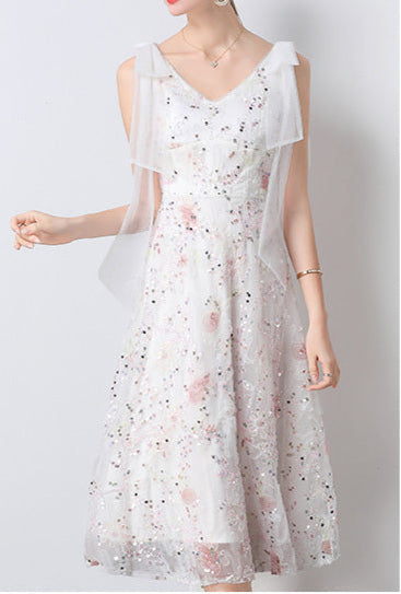 Crystal Sequin Embroidered V-Neck Midi Dress