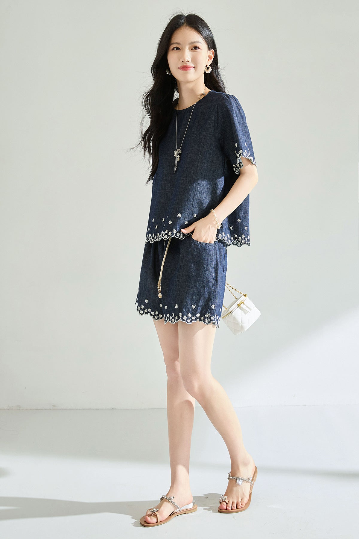 Embroidered Denim Two-Piece Set with High-Waisted Shorts