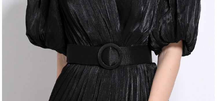 Shimmering Ruched Maxi Dress with Puff Sleeves