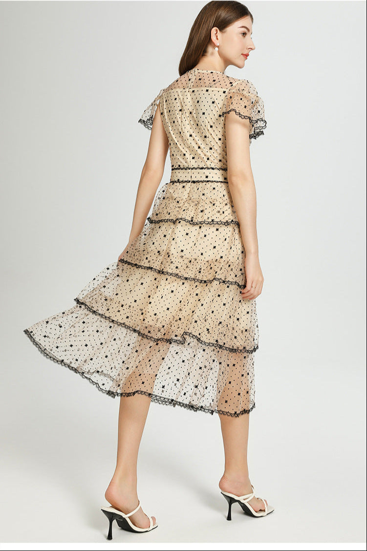 Retro Polka Dot Tiered Tulle Dress – Apricot Elegance