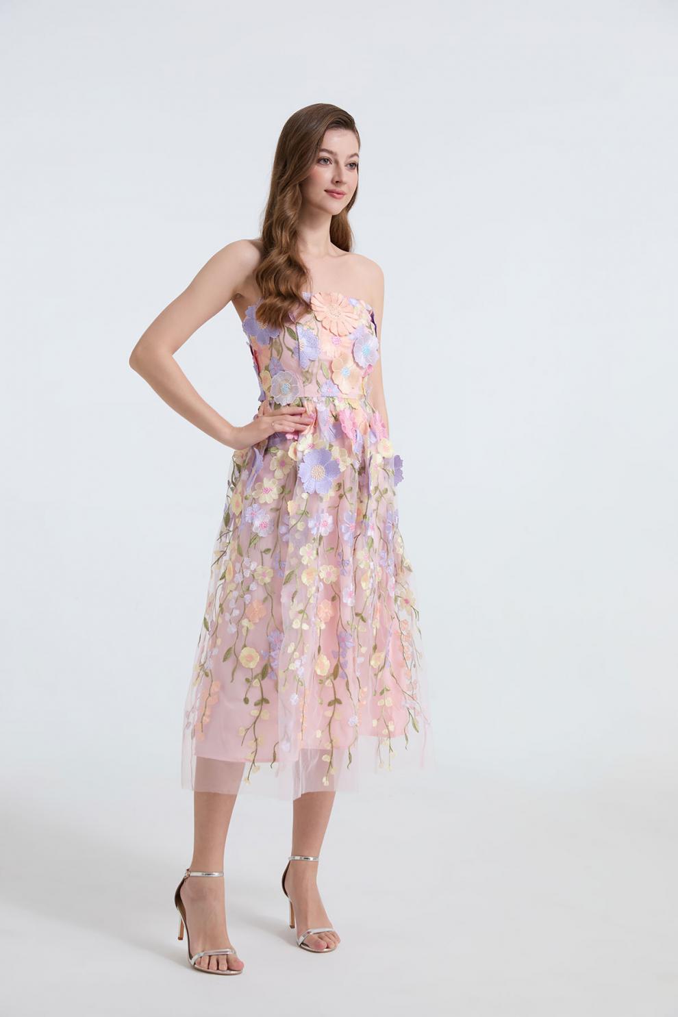 Strapless 3D Floral Embroidered Long Dress