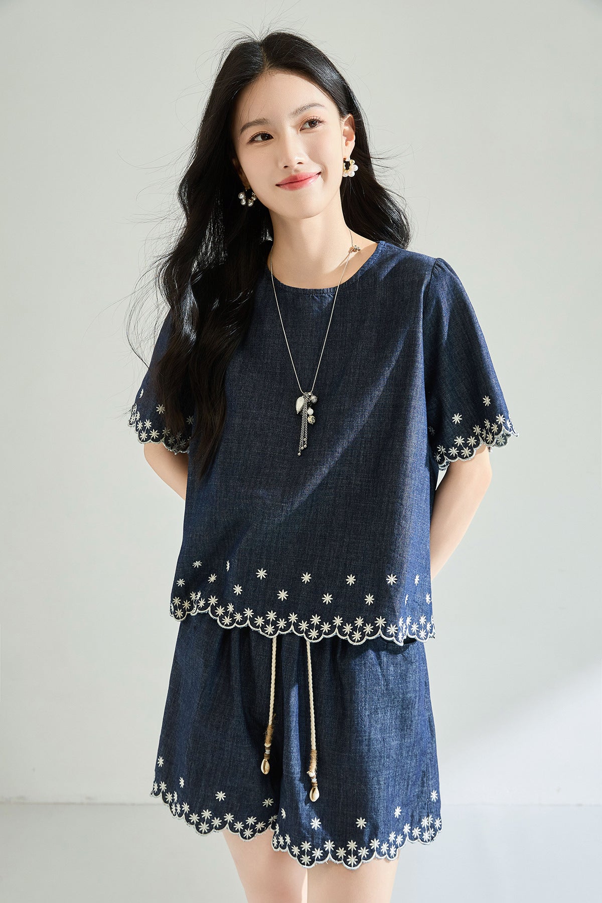 Embroidered Denim Two-Piece Set with High-Waisted Shorts