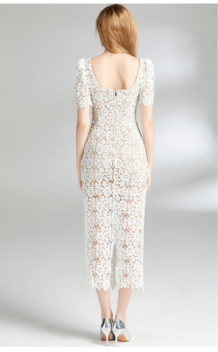 Square Neck Floral Lace Midi Dress