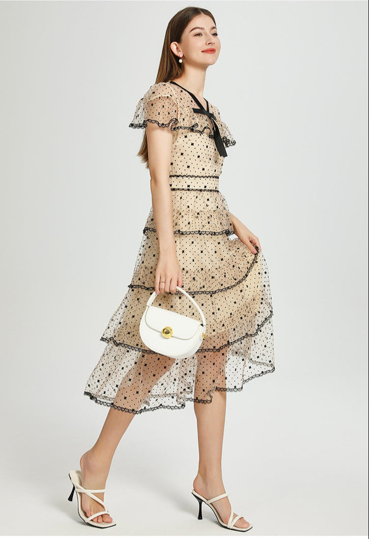 Retro Polka Dot Tiered Tulle Dress – Apricot Elegance