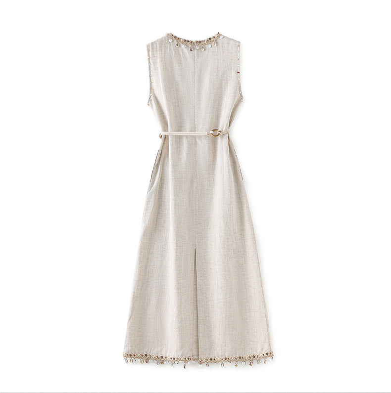 Boho Linen-Tencel Dress with Shell Detail and Removable Buckle Necklace