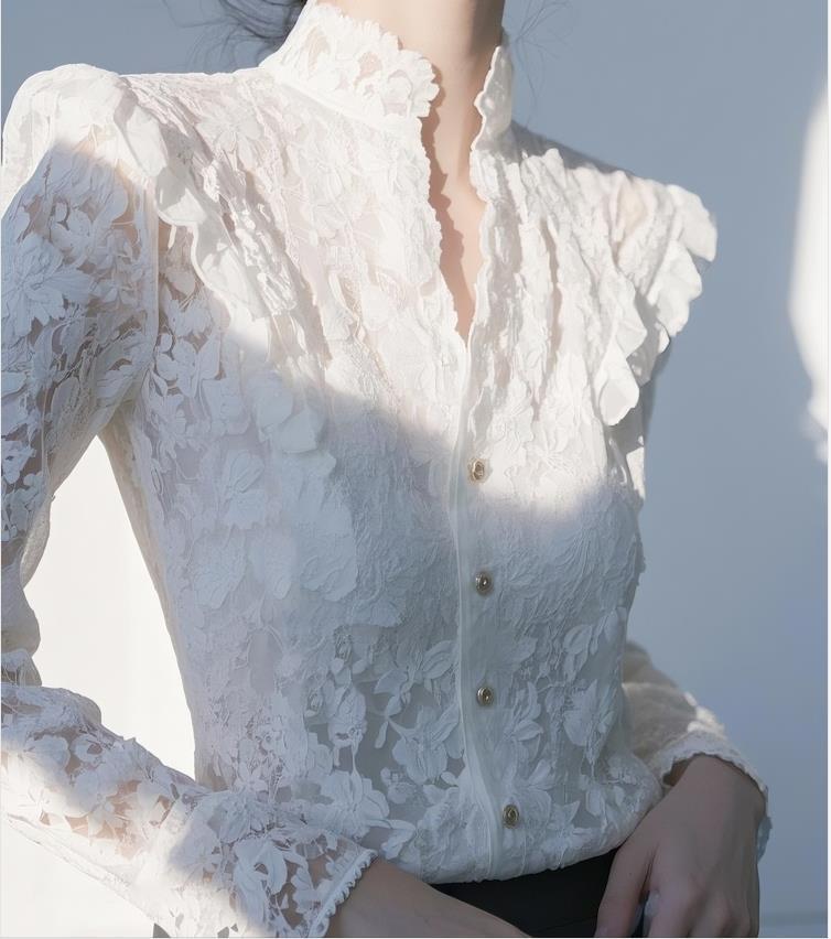 French Elegance White Lace Shirt