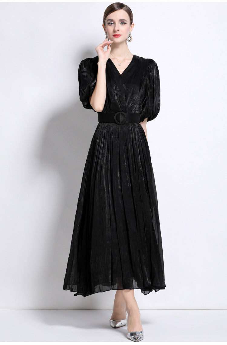Shimmering Ruched Maxi Dress with Puff Sleeves