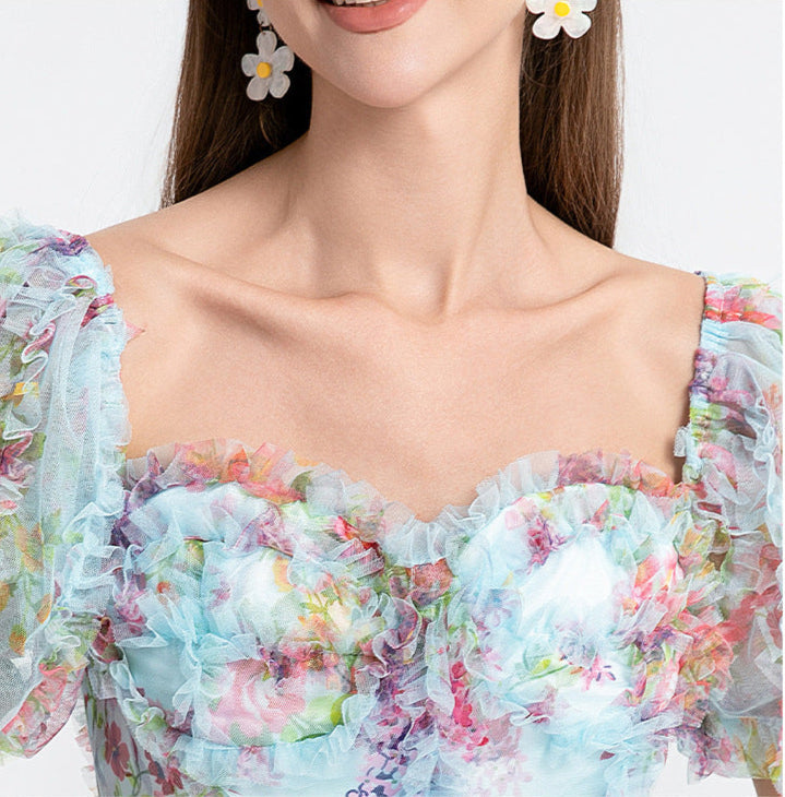 Square Neck Ruffle Sleeve Tulle Fairy Dress