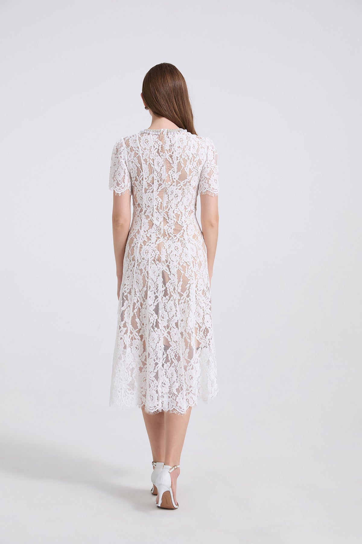 Pearl Embellished Lace Midi Dress