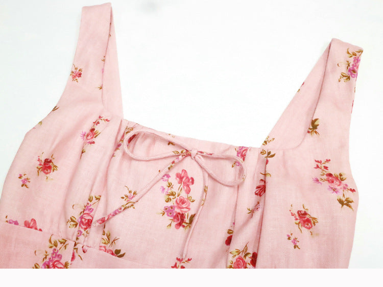 Pink Linen Summer Dress with Square Neckline – French Retro Vibes