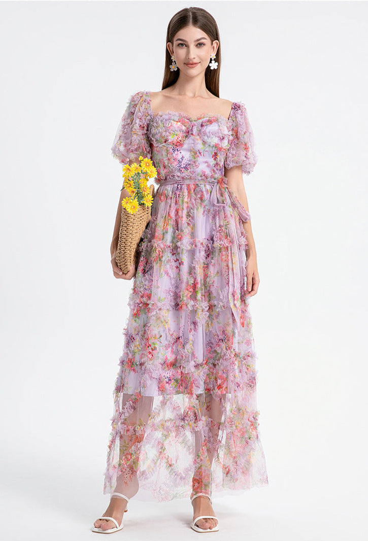 Square Neck Ruffle Sleeve Tulle Fairy Dress