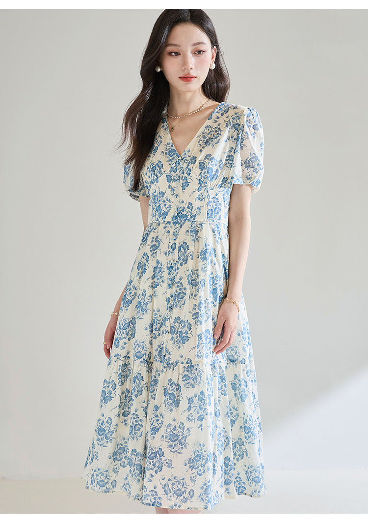 French Blue Floral Cotton Dress – Tie Waist, V-Neck