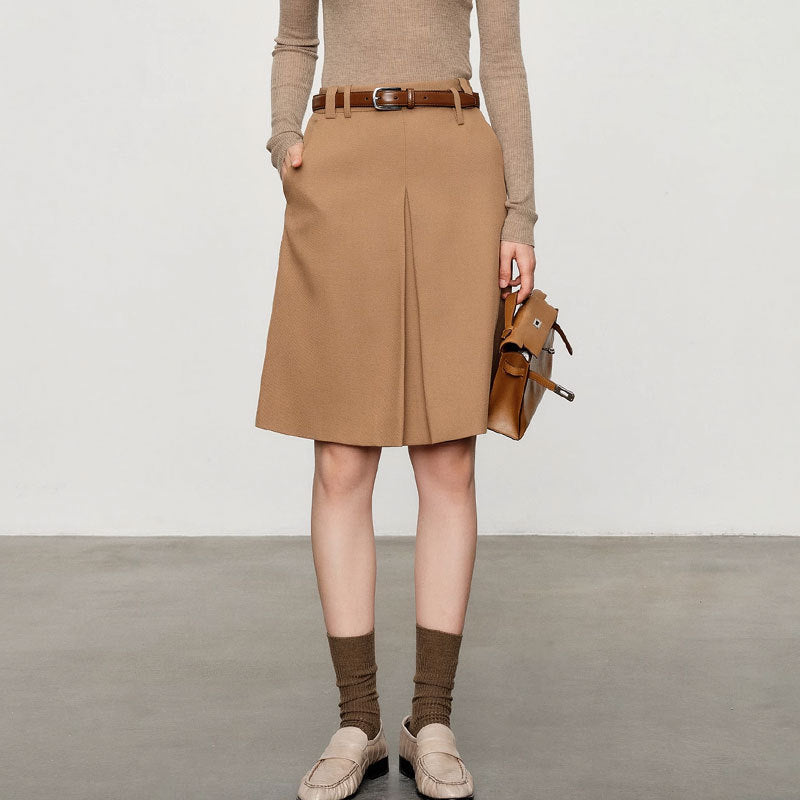 Wool Serge Twill Midi Skirt – High Waist A-Line Office Style