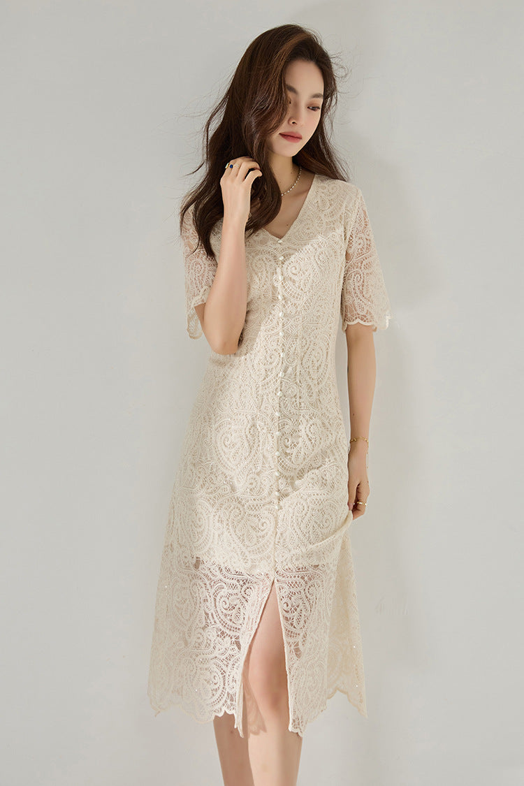 90% Cotton Blend in Soft Ecru Elegant Lace Midi Dress