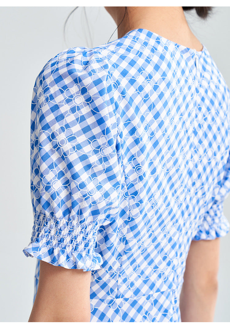 Blue-White Plaid Midi Dress